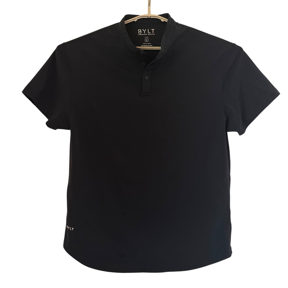 BYLT Premium Basics Lux Henley Polo Shirt Mens XL Black Short Sleeve Band Collar